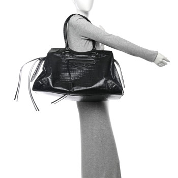 BALENCIAGA Semi Matte Calfskin Crocodile Embossed Neo Classic Black Hardware Large Top Handle Bag Black