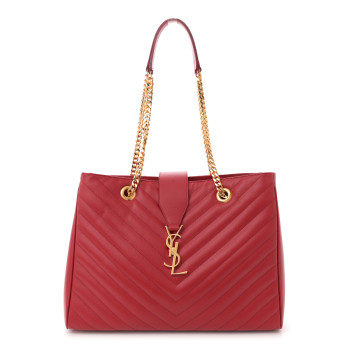 SAINT LAURENT Grain De Poudre Matelasse Chevron Monogram Shopping Bag Red
