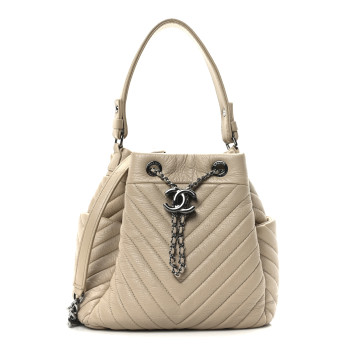 CHANEL Deerskin Chevron Small CC Chain Bucket Bag Beige