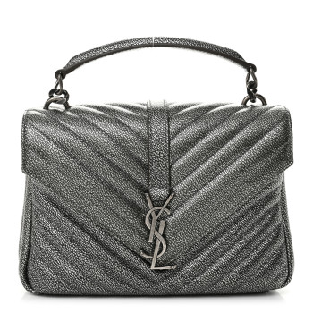 SAINT LAURENT Metallic Grain De Poudre Matelasse Chevron Monogram Medium College Bag Gunmetal
