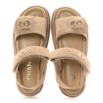 CHANEL Suede Calfskin Velcro Dad Sandals 36 Beige