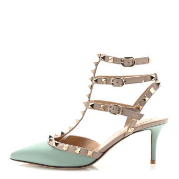 VALENTINO GARAVANI Nappa Rockstud Ankle Strap 65mm Pumps 38 Morning Dew Poudre