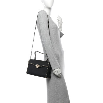 VALENTINO GARAVANI Pebbled Calfskin Rockstud Flip Lock Top Handle Bag Black