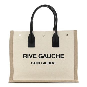 SAINT LAURENT Linen Calfskin Small Rive Gauche Tote Greggio Natural