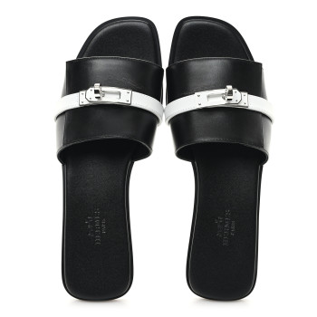 HERMES Calfskin Giulia Sandals 37 Black White