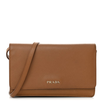 PRADA Saffiano Metal Flap Wallet With Strap Caramel