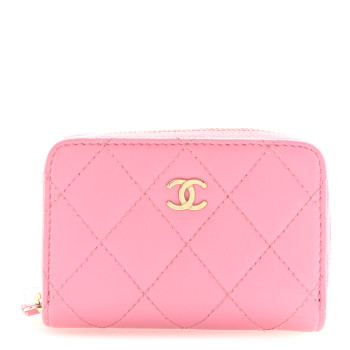 CHANEL Lambskin Quilted Zip Around Coin Purse Wallet Pink