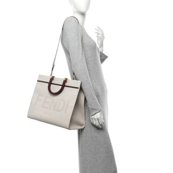 FENDI Canvas Vitello King Logo Embroidered Medium Fendi Sunshine Shopper Tote Grezzo Ghianda