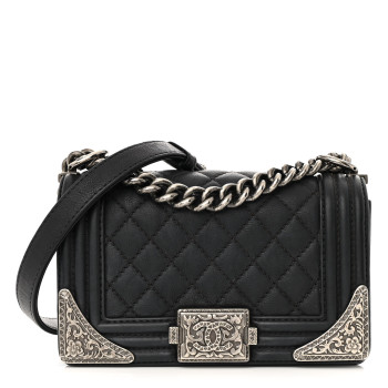 Calfskin Quilted Embellished Metal Small Boy Flap Black