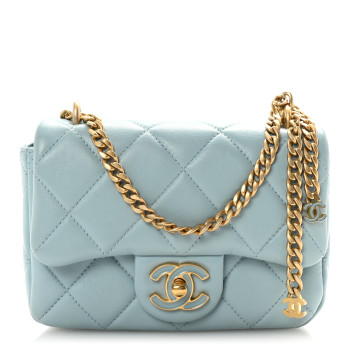 CHANEL Lambskin Enamel Quilted Mini Pending CC Square Flap Light Blue