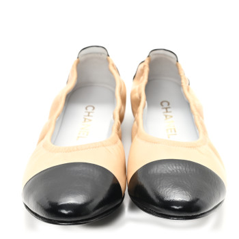 CHANEL Lambskin Shiny Goatskin Calfskin Ballerina Flats 39.5 Beige Black