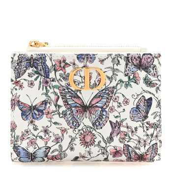CHRISTIAN DIOR Calfskin Butterfly Printed Caro Medium Wallet White Multicolor