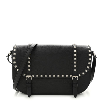 VALENTINO GARAVANI Pebbled Calfskin Large Rockstud Messenger Black