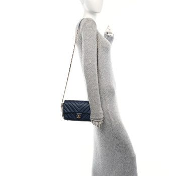CHANEL Lambskin Chevron Quilted Mini Chain Around Rectangular Flap Blue