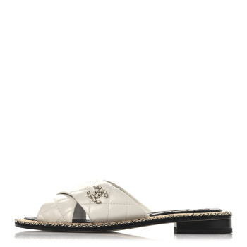 CHANEL Shiny Lambskin Quilted  Metal Chain CC Sandals 36 White