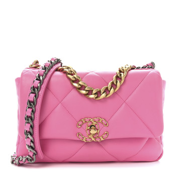 CHANEL Shiny Lambskin Quilted Medium Chanel 19 Flap Neon Pink