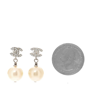 CHANEL Crystal Pearl CC Drop Earrings Silver Pearly White