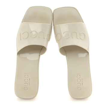 GUCCI Rubber Gucci Logo Womens Platform 20/60mm Slide Sandals Mystic White
