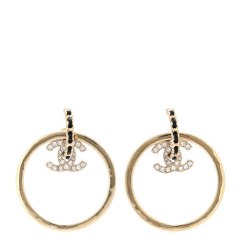 CHANEL Metal Crystal Lambskin CC Chain Hoop Earrings Gold Black