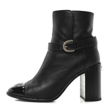 CHANEL Calfskin Patent Cap Toe Interlocking CC Ankle Boots 39 Black