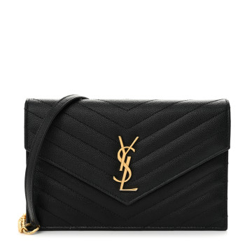 SAINT LAURENT Grain De Poudre Matelasse Chevron Monogram Envelope Chain Wallet Black