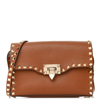 VALENTINO GARAVANI Pebbled Calfskin Medium Rockstud Flip Lock Crossbody Bag Saddle Brown