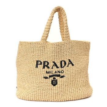 PRADA Yarn Raffia Effect Crochet Embroidered Logo Tote Naturale