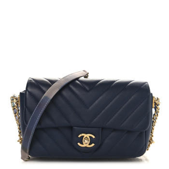 CHANEL Lambskin Chevron Quilted Mini Chain Around Rectangular Flap Blue