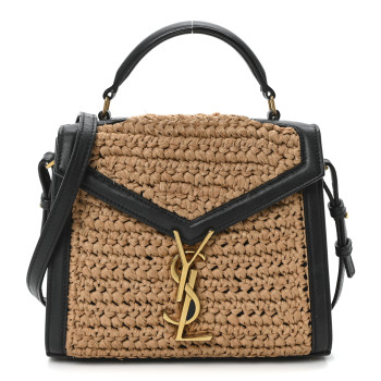 SAINT LAURENT Raffia Calfskin Mini Classic Monogram Cassandra Top Handle Black Natural
