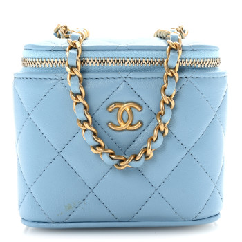 CHANEL Lambskin Quilted Pearl Crush Mini Vanity Case With Chain Light Blue