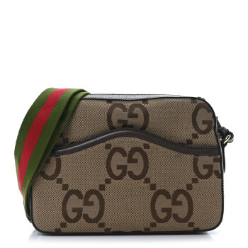 GUCCI Monogram Jumbo GG Textured Dollar Calfskin Web Messenger Shoulder Bag Camel Ebony New Acero