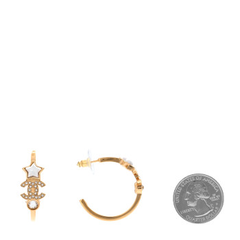 CHANEL Metal Crystal Pearl CC Star Hoop Earrings Gold Pearly White