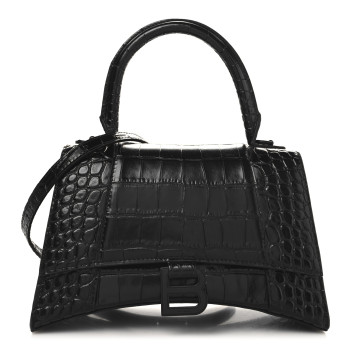 BALENCIAGA Shiny Calfskin Monochrome Crocodile Embossed Small Hourglass Top Handle Bag Black