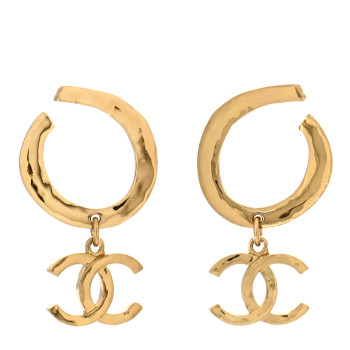 CHANEL Metal Textured Hoop Drop CC Earrings Gold
