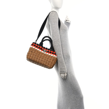 PRADA Raffia Crochet Colorblock Giardiniera Tote Caramel Papaya