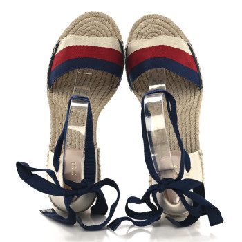 GUCCI Canvas Sylvie Web Ankle Wrap Espadrille Wedge Sandals 39.5 Mystic White Hibiscus Red Maritime