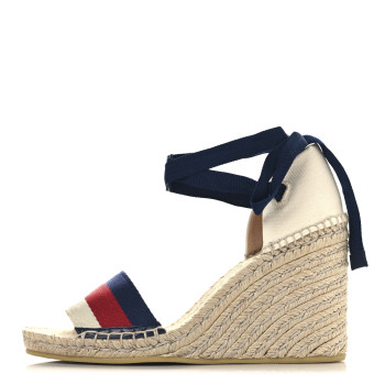GUCCI Canvas Sylvie Web Ankle Wrap Espadrille Wedge Sandals 39.5 Mystic White Hibiscus Red Maritime
