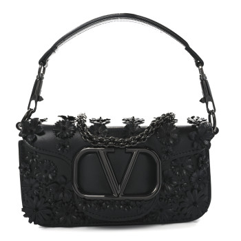 VALENTINO GARAVANI Calfskin Flower Embroidered Small Loco Shoulder Bag Black