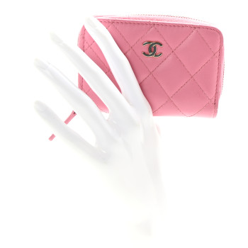 CHANEL Lambskin Quilted Zip Around Coin Purse Wallet Pink