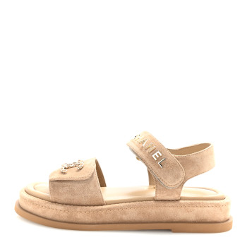 CHANEL Suede Calfskin Velcro Dad Sandals 36 Beige