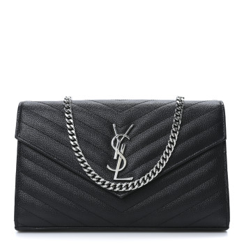 SAINT LAURENT Grain De Poudre Matelasse Chevron Monogram Chain Wallet Black