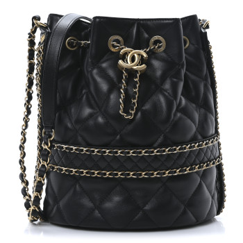 CHANEL Lambskin Quilted Chain Bucket Drawstring Bag Black