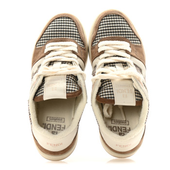 FENDI Calfskin Suede Houndstooth Fendi Match Low Top Sneakers 36 Cream Brown