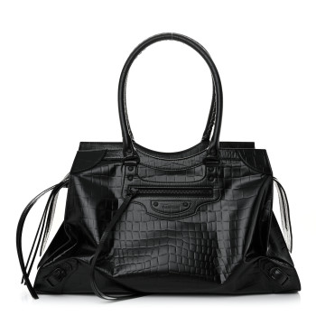 BALENCIAGA Semi Matte Calfskin Crocodile Embossed Neo Classic Black Hardware Large Top Handle Bag Black