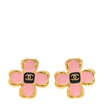 CHANEL Resin Metal Glass CC Clover Earrings Gold Black Pink