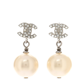 CHANEL Crystal Pearl CC Drop Earrings Silver Pearly White