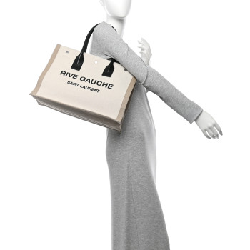 SAINT LAURENT Linen Calfskin Small Rive Gauche Tote Greggio Natural