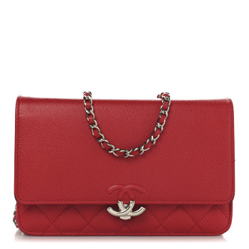 CHANEL Grained Calfskin Quilted CC Box Wallet On Chain WOC Red