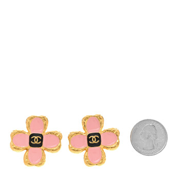 CHANEL Resin Metal Glass CC Clover Earrings Gold Black Pink