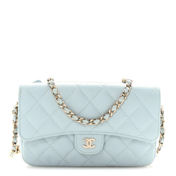 CHANEL Caviar Quilted Flap Phone Holder With Chain Light Blue
